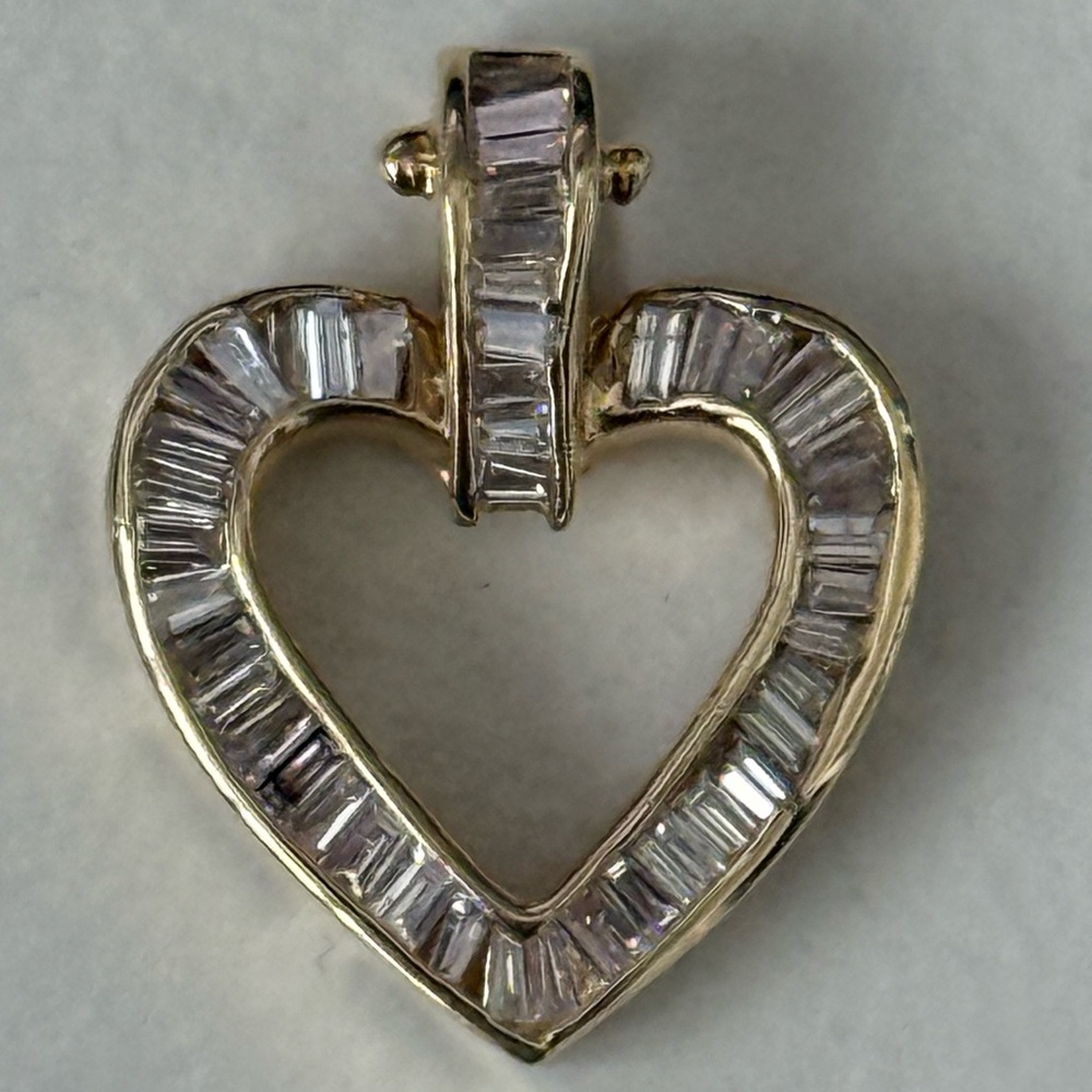 14K Solid Yellow Gold Heart Pendant with Baguette Diamonds.